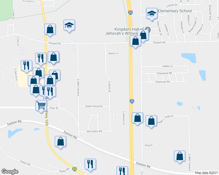 map of restaurants, bars, coffee shops, grocery stores, and more near 3215 South 42nd Street in Saint Joseph