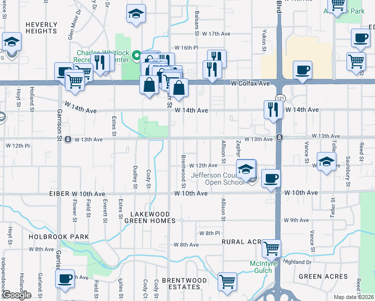 map of restaurants, bars, coffee shops, grocery stores, and more near 8295 West 12th Place in Lakewood