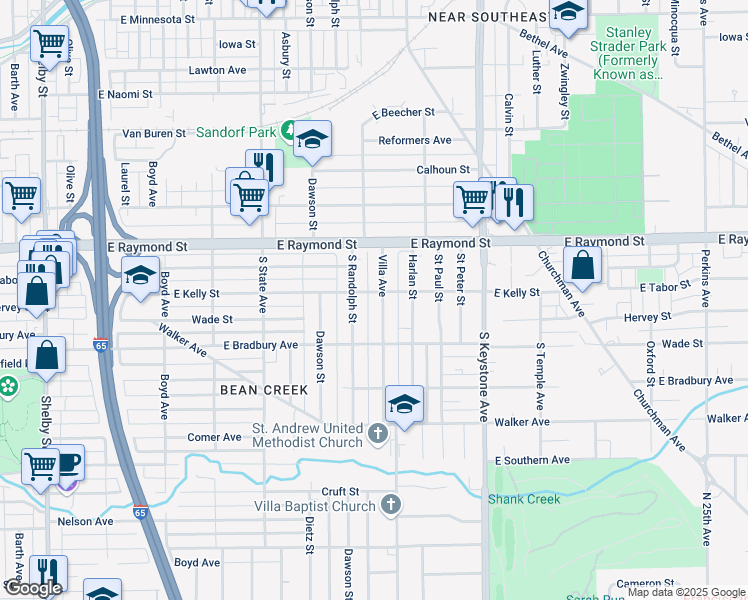 map of restaurants, bars, coffee shops, grocery stores, and more near 2244 Villa Avenue in Indianapolis