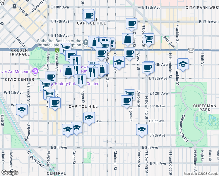 map of restaurants, bars, coffee shops, grocery stores, and more near 1275 North Washington Street in Denver