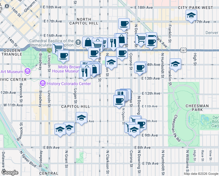 map of restaurants, bars, coffee shops, grocery stores, and more near 1234 North Clarkson street in Denver