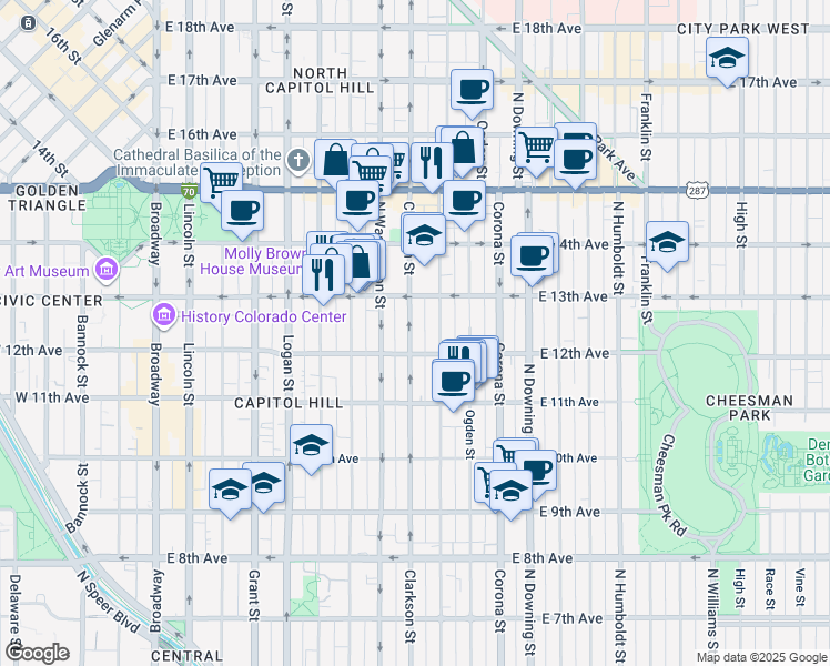 map of restaurants, bars, coffee shops, grocery stores, and more near 1262 North Clarkson street in Denver