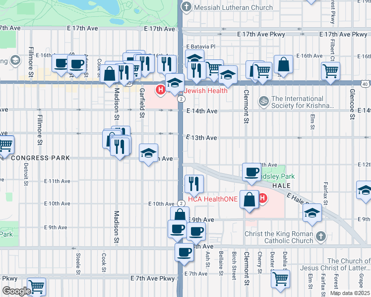 map of restaurants, bars, coffee shops, grocery stores, and more near 1270 Colorado 2 in Denver