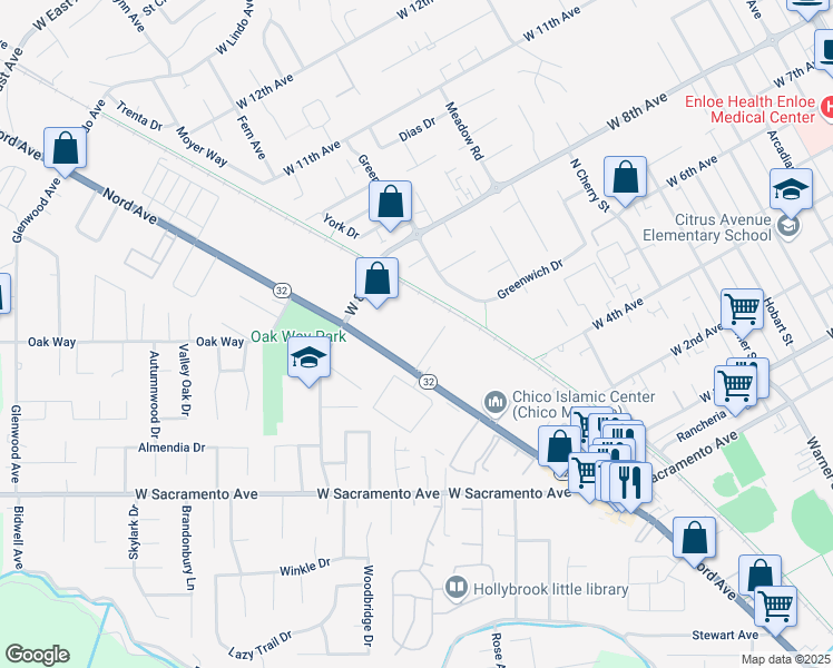 map of restaurants, bars, coffee shops, grocery stores, and more near 1618 Nord Avenue in Chico