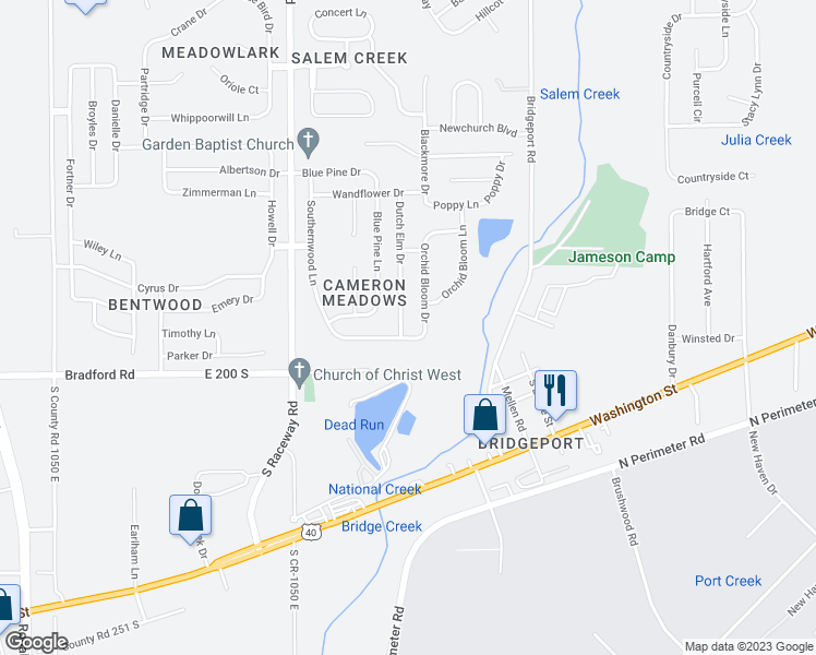 map of restaurants, bars, coffee shops, grocery stores, and more near 2103 Dutch Elm Drive in Indianapolis