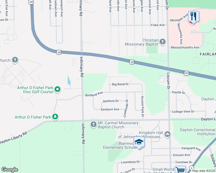 map of restaurants, bars, coffee shops, grocery stores, and more near 601 Rosamond Street in Dayton