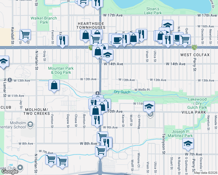 map of restaurants, bars, coffee shops, grocery stores, and more near in Lakewood