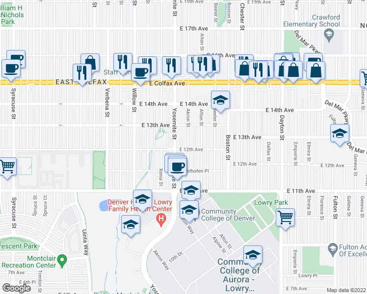 map of restaurants, bars, coffee shops, grocery stores, and more near 1260 Yosemite Street in Denver