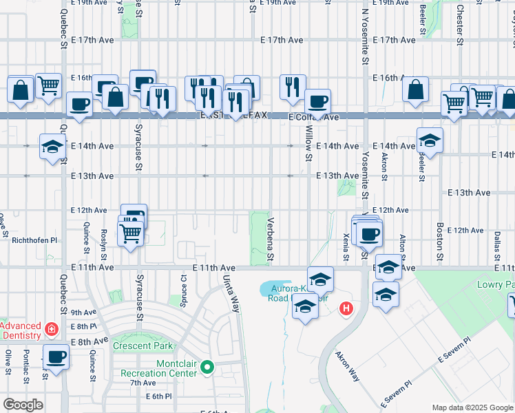 map of restaurants, bars, coffee shops, grocery stores, and more near 1245 Valentia Street in Denver