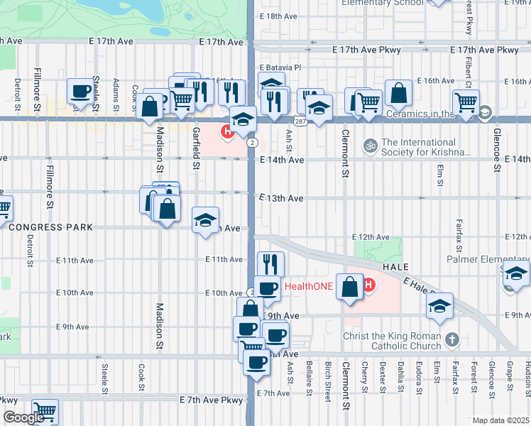 map of restaurants, bars, coffee shops, grocery stores, and more near 1270 Colorado 2 in Denver