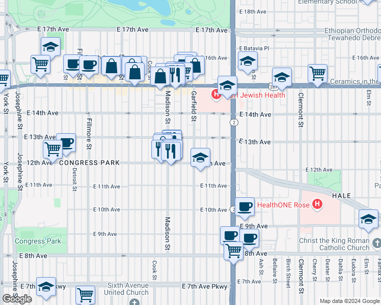 map of restaurants, bars, coffee shops, grocery stores, and more near in Denver