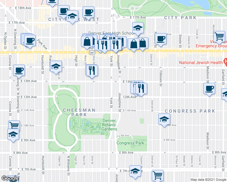map of restaurants, bars, coffee shops, grocery stores, and more near 1260 York Street in Denver