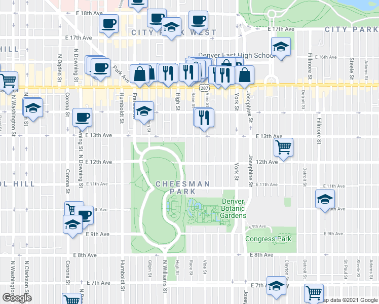 map of restaurants, bars, coffee shops, grocery stores, and more near 1920 East 13th Avenue in Denver