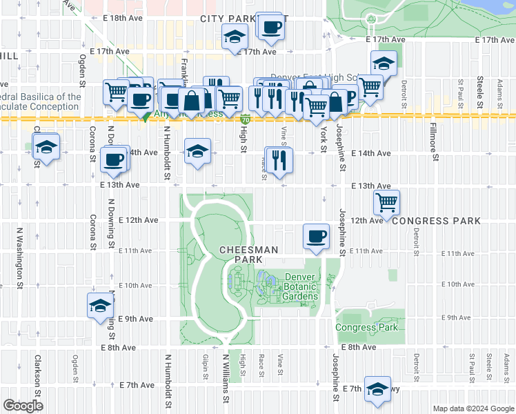 map of restaurants, bars, coffee shops, grocery stores, and more near 1920 East 13th Avenue in Denver