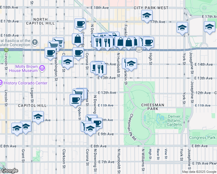 map of restaurants, bars, coffee shops, grocery stores, and more near 1270 North Marion Street in Denver
