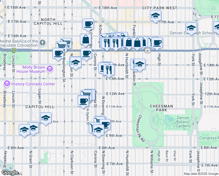 map of restaurants, bars, coffee shops, grocery stores, and more near 1270 North Marion Street in Denver