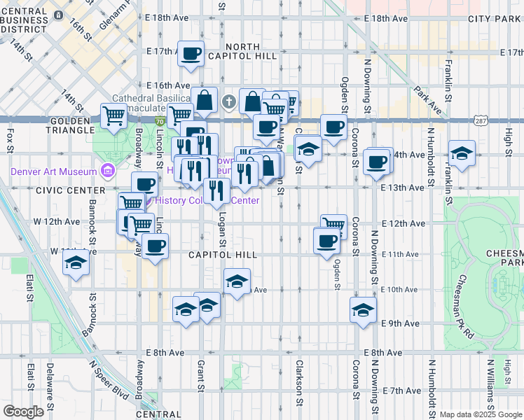 map of restaurants, bars, coffee shops, grocery stores, and more near in Denver