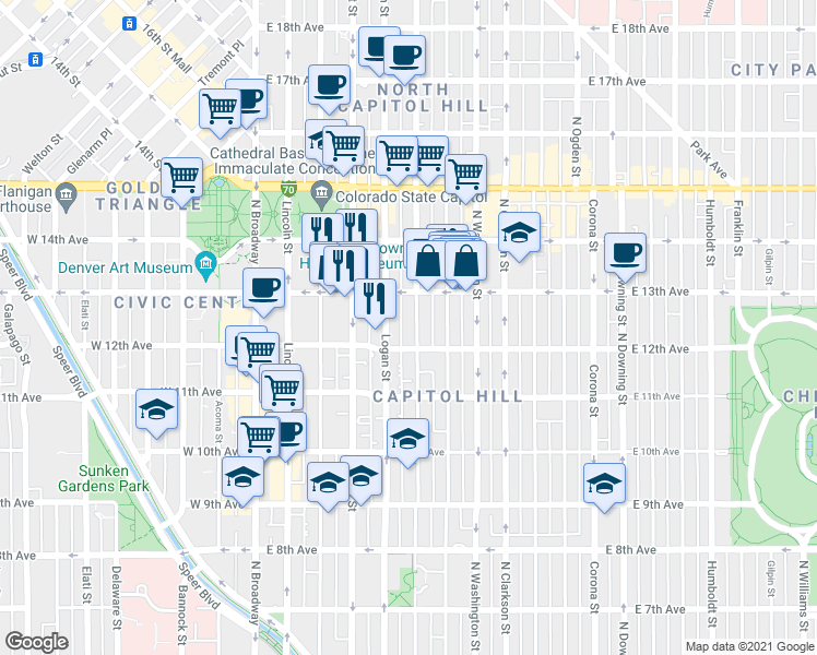 map of restaurants, bars, coffee shops, grocery stores, and more near 1250 Logan Street in Denver