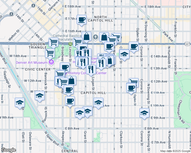 map of restaurants, bars, coffee shops, grocery stores, and more near 1250 Logan Street in Denver