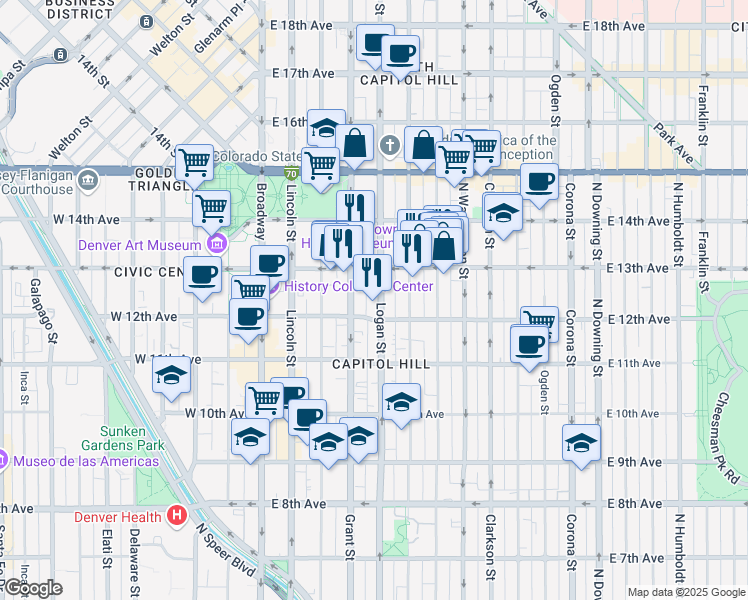 map of restaurants, bars, coffee shops, grocery stores, and more near 1250 Logan Street in Denver