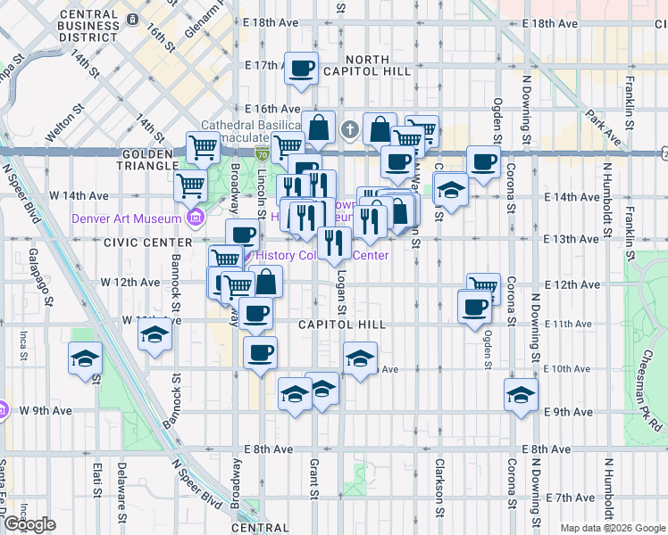 map of restaurants, bars, coffee shops, grocery stores, and more near 1250 Logan Street in Denver
