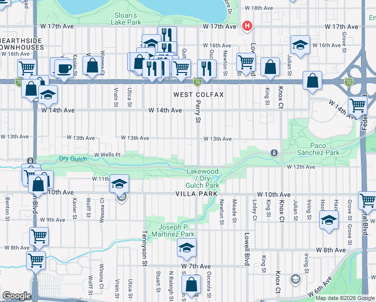 map of restaurants, bars, coffee shops, grocery stores, and more near 1295 Quitman Street in Denver