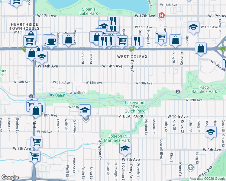 map of restaurants, bars, coffee shops, grocery stores, and more near 1297 Raleigh Street in Denver