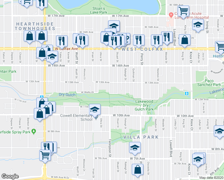 map of restaurants, bars, coffee shops, grocery stores, and more near 4346 West 13th Avenue in Denver