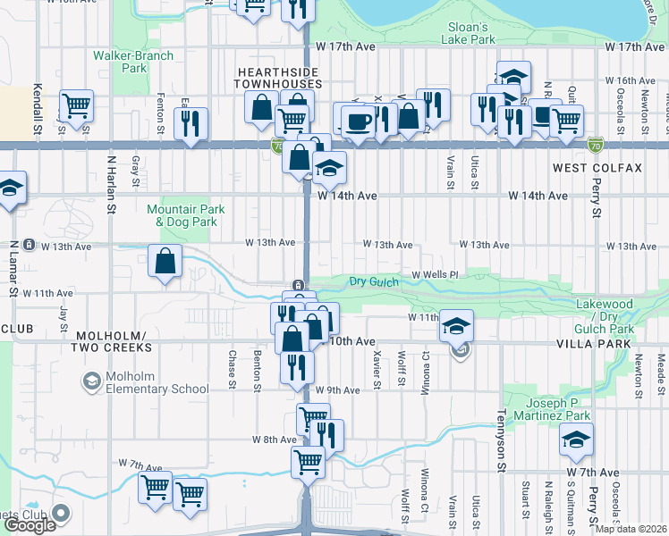 map of restaurants, bars, coffee shops, grocery stores, and more near in Lakewood
