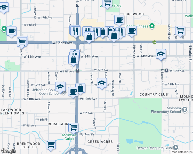 map of restaurants, bars, coffee shops, grocery stores, and more near 1295 Upham Street in Denver