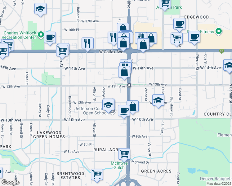 map of restaurants, bars, coffee shops, grocery stores, and more near 1289 Yukon Street in Lakewood
