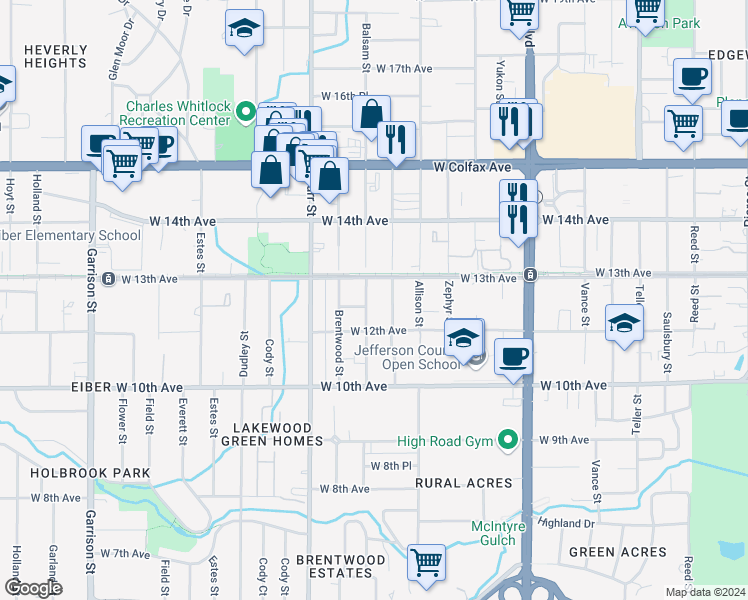 map of restaurants, bars, coffee shops, grocery stores, and more near 1273 Balsam Street in Denver