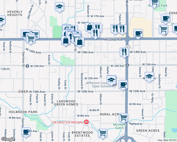 map of restaurants, bars, coffee shops, grocery stores, and more near 1273 Balsam Street in Denver