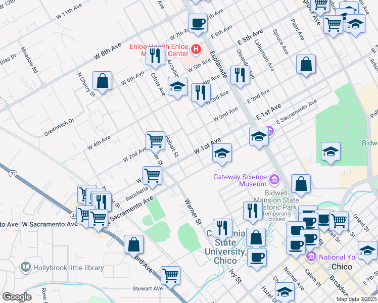 map of restaurants, bars, coffee shops, grocery stores, and more near in Chico