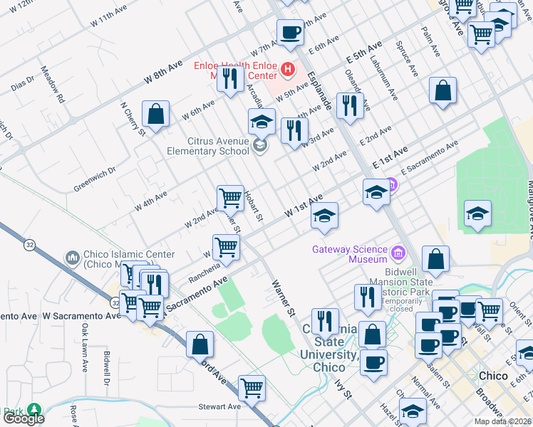 map of restaurants, bars, coffee shops, grocery stores, and more near in Chico