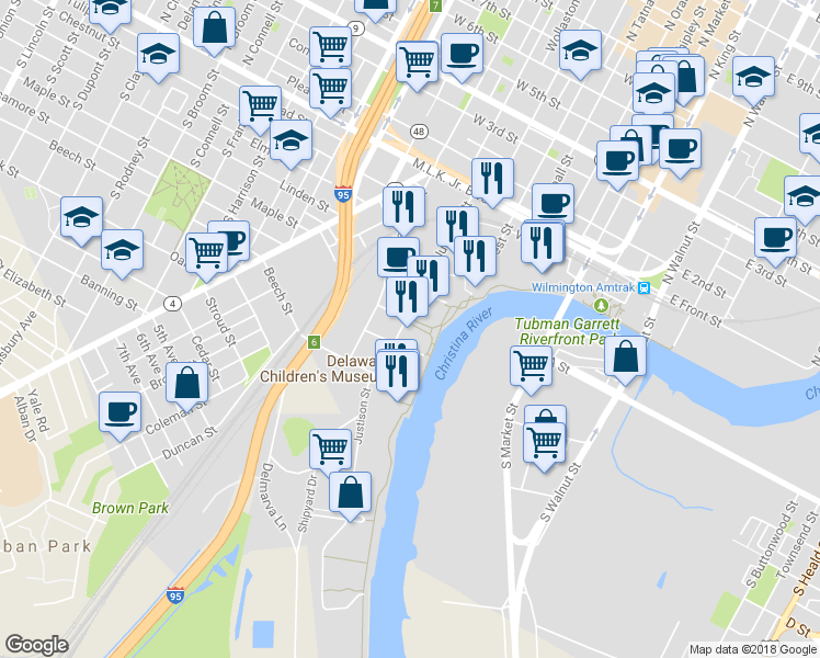 map of restaurants, bars, coffee shops, grocery stores, and more near 321a Justison Street in Wilmington