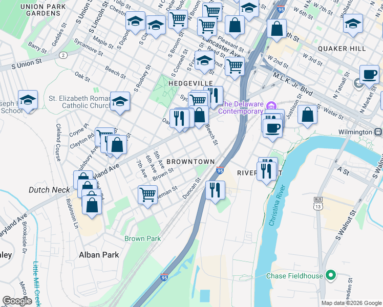 map of restaurants, bars, coffee shops, grocery stores, and more near 807 Anchorage Street in Wilmington