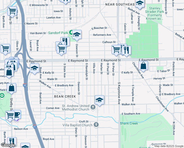 map of restaurants, bars, coffee shops, grocery stores, and more near 2244 Villa Avenue in Indianapolis
