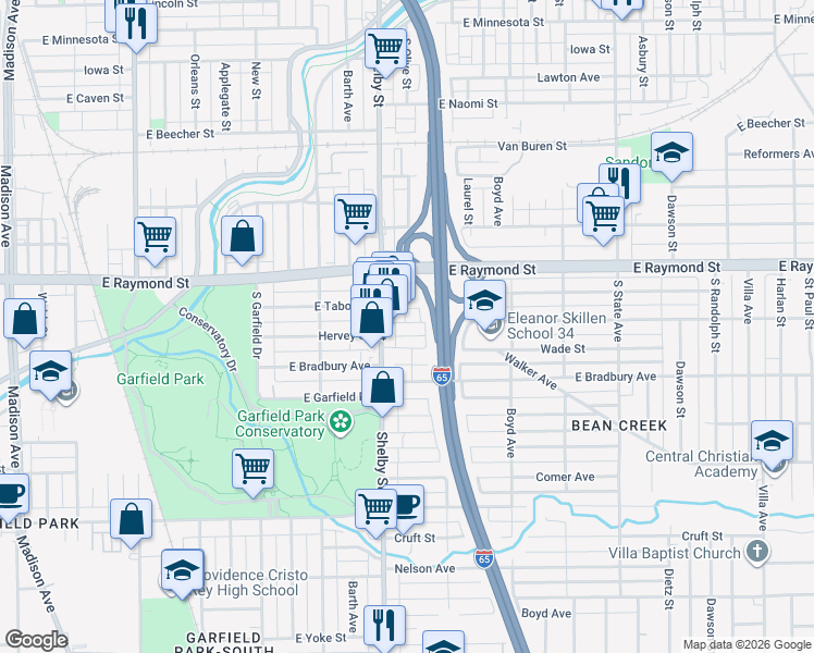 map of restaurants, bars, coffee shops, grocery stores, and more near 2235 Shelby Street in Indianapolis
