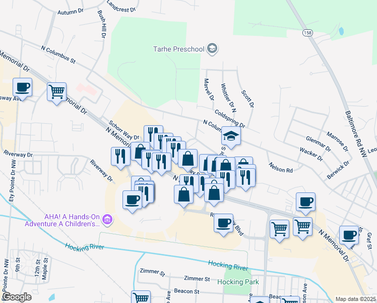 map of restaurants, bars, coffee shops, grocery stores, and more near 250 Hillcrest Drive in Lancaster