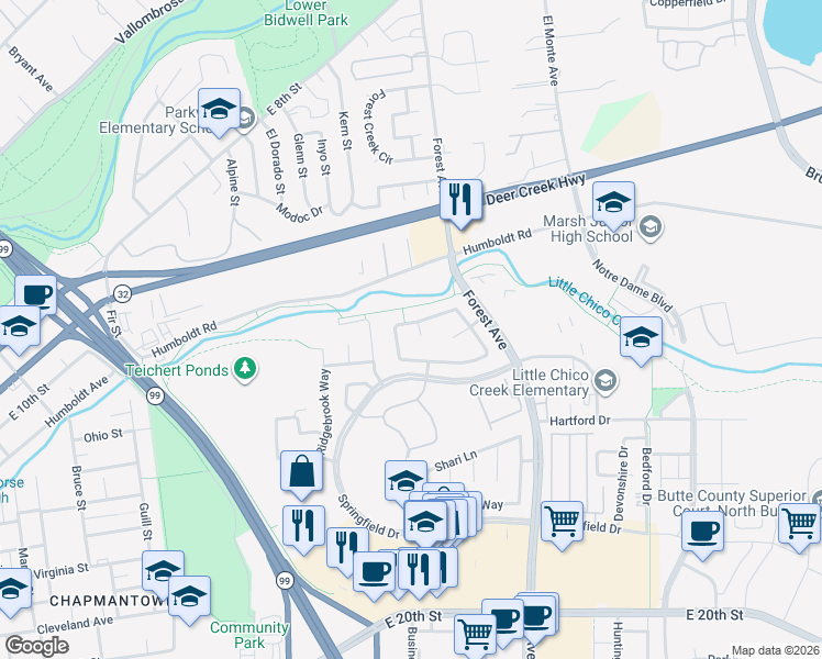 map of restaurants, bars, coffee shops, grocery stores, and more near 54 Skymountain Circle in Chico