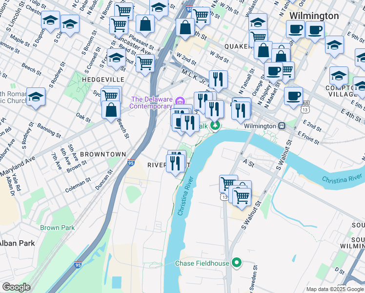 map of restaurants, bars, coffee shops, grocery stores, and more near 396 Justison Street in Wilmington