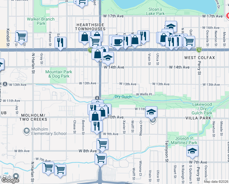 map of restaurants, bars, coffee shops, grocery stores, and more near 1285 Yates Street in Denver