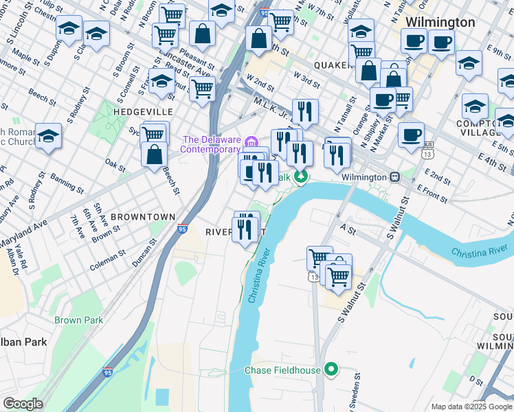 map of restaurants, bars, coffee shops, grocery stores, and more near 530 Harlan Boulevard in Wilmington
