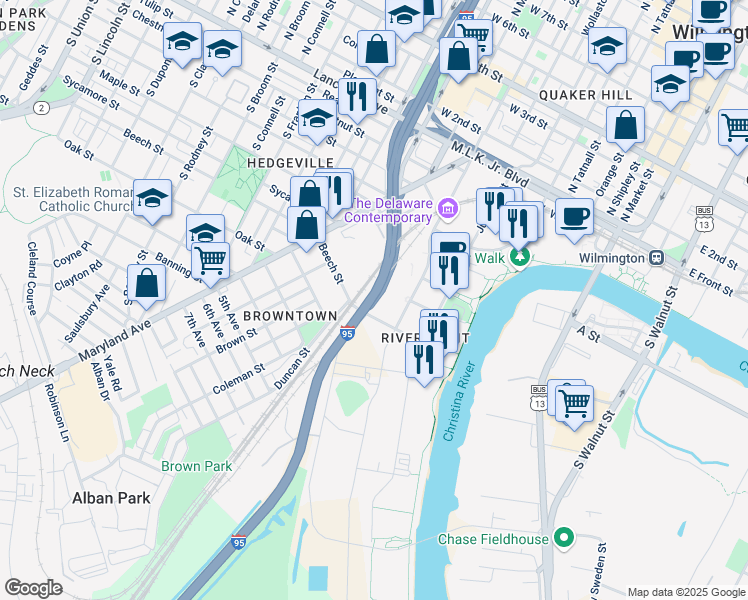map of restaurants, bars, coffee shops, grocery stores, and more near Interstate 95 in Wilmington