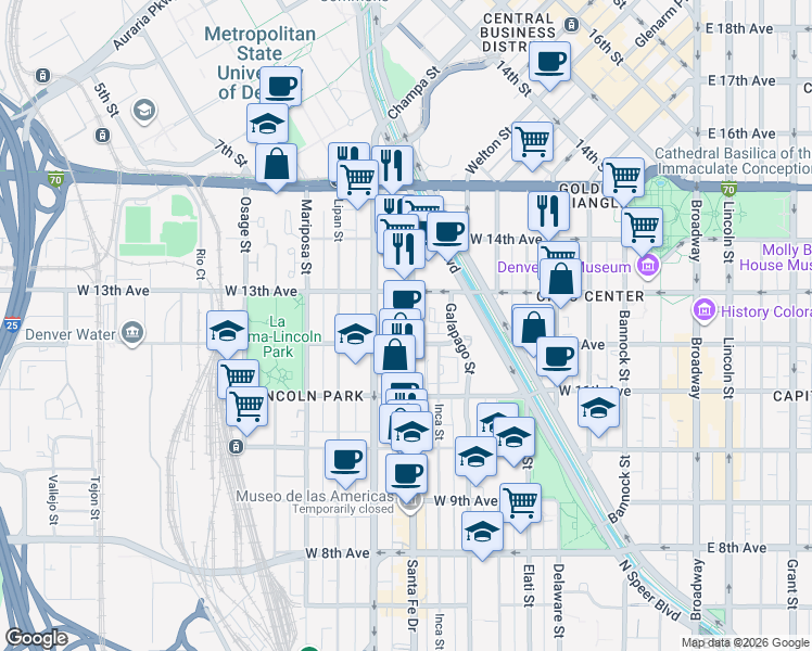 map of restaurants, bars, coffee shops, grocery stores, and more near 1266 Santa Fe Drive in Denver