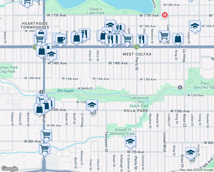 map of restaurants, bars, coffee shops, grocery stores, and more near 4346 West 13th Avenue in Denver
