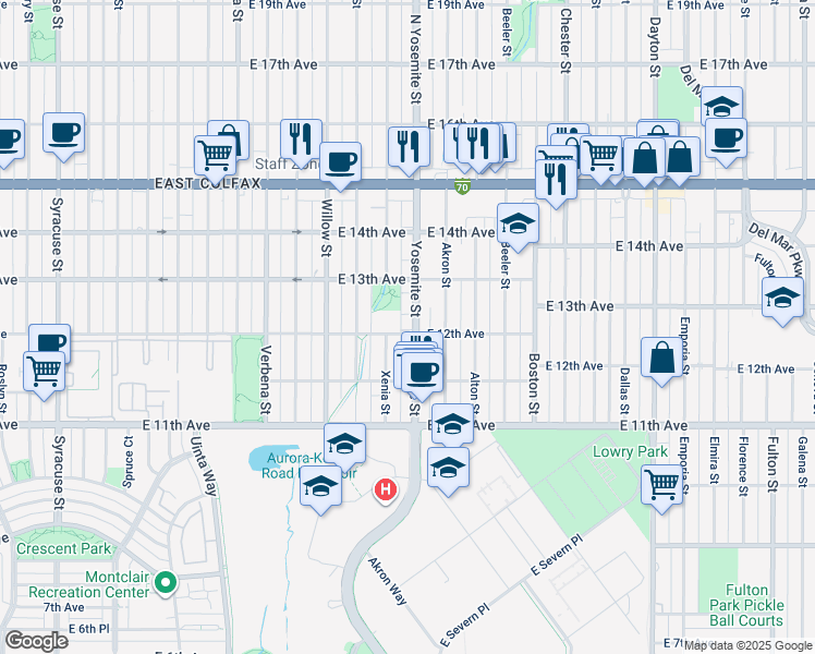 map of restaurants, bars, coffee shops, grocery stores, and more near 1260 Yosemite Street in Denver
