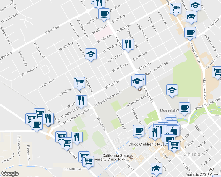 map of restaurants, bars, coffee shops, grocery stores, and more near 325 West 1st Avenue in Chico