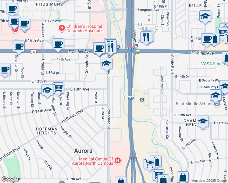 map of restaurants, bars, coffee shops, grocery stores, and more near 13711 East Richthofen Circle in Aurora